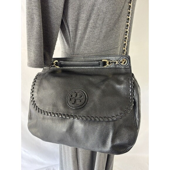 Tory Burch Marion Black Pebbled Leather 2-Way Whipstich Chain Strap Shoulder Bag - Picture 16 of 16